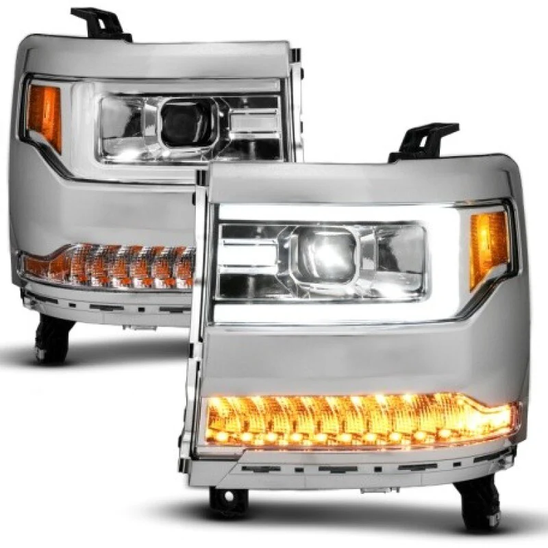 ANZO 16-18 Chevy Silverado1500 (Factory HID Models) LED Prj Light Bar Style Headlights Chrome - Pair - Image 2