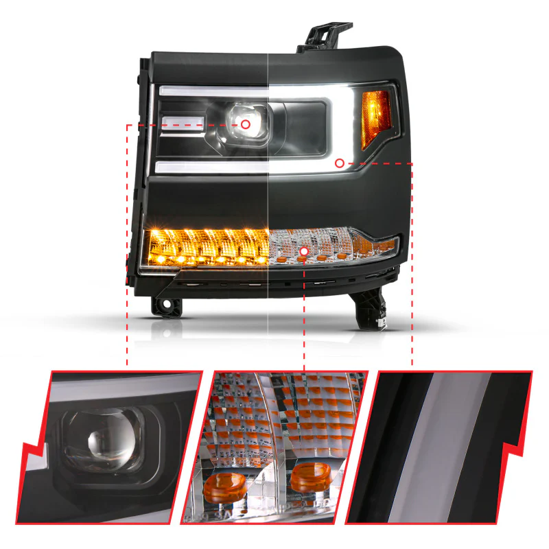 ANZO 16-18 Chevy Silverado1500 (Factory HID Models) LED Proj Light Bar Style Headlights Black - Pair - Image 3