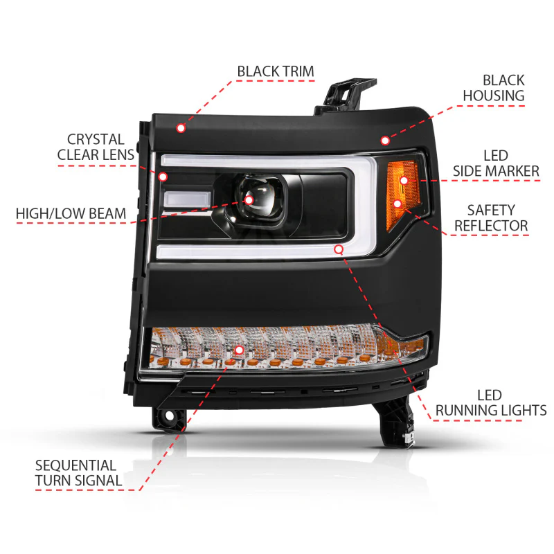 ANZO 16-18 Chevy Silverado1500 (Factory HID Models) LED Proj Light Bar Style Headlights Black - Pair - Image 6