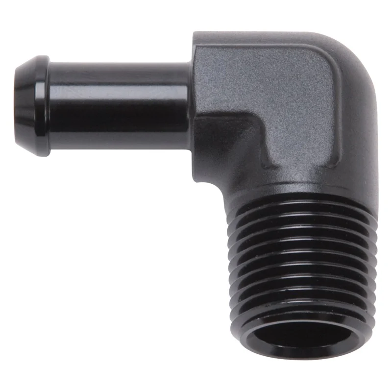 Edelbrock Hose End 90-Deg 1/2In NPT to 3/8In Barb Black Anodize - Image 2